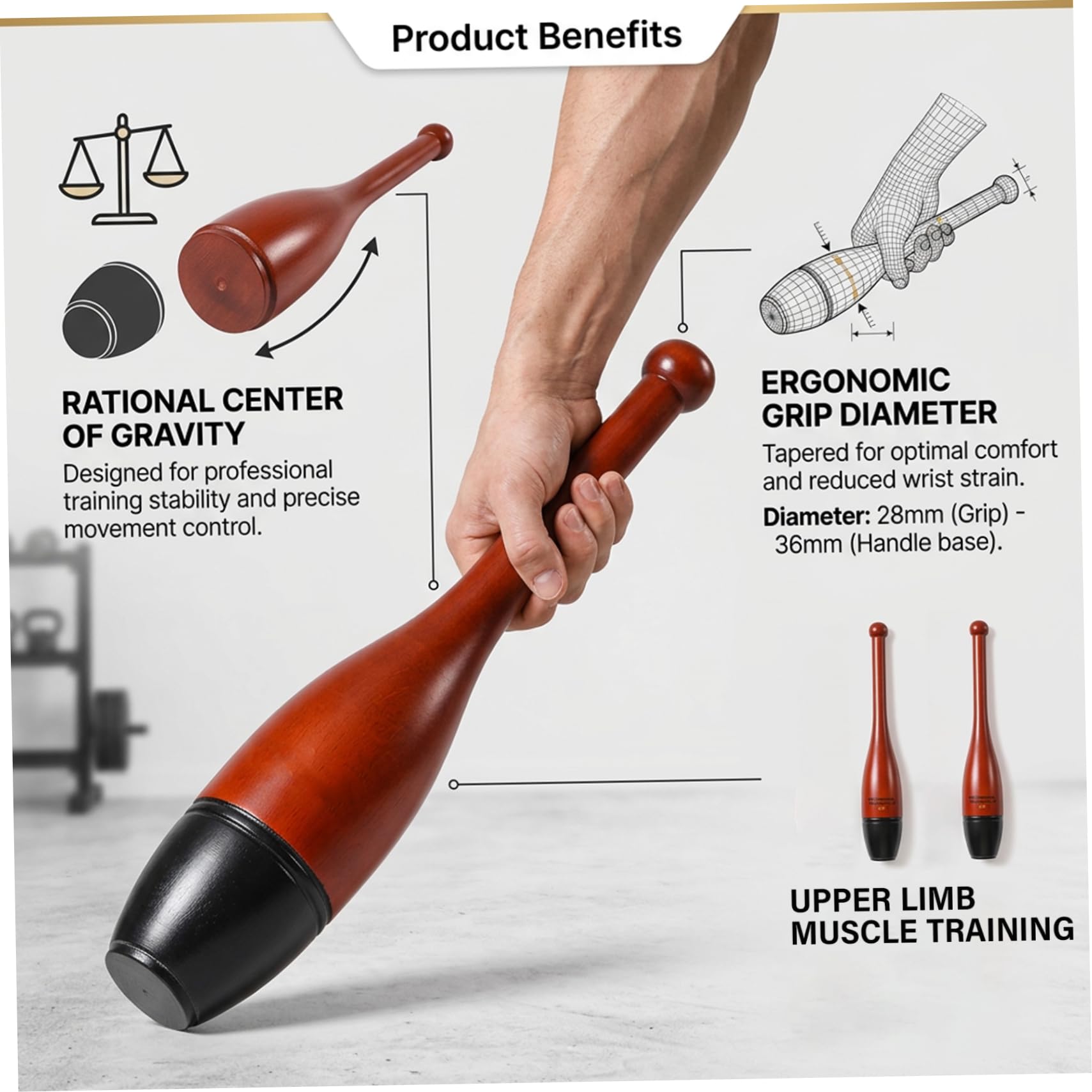 Macebell Indian Clubs, Macebell aus Holz mit ergonomischem Griff für Heim-Fitnessstudio, gewichtete Trainingsstange für Griff- und Oberkörperübungen