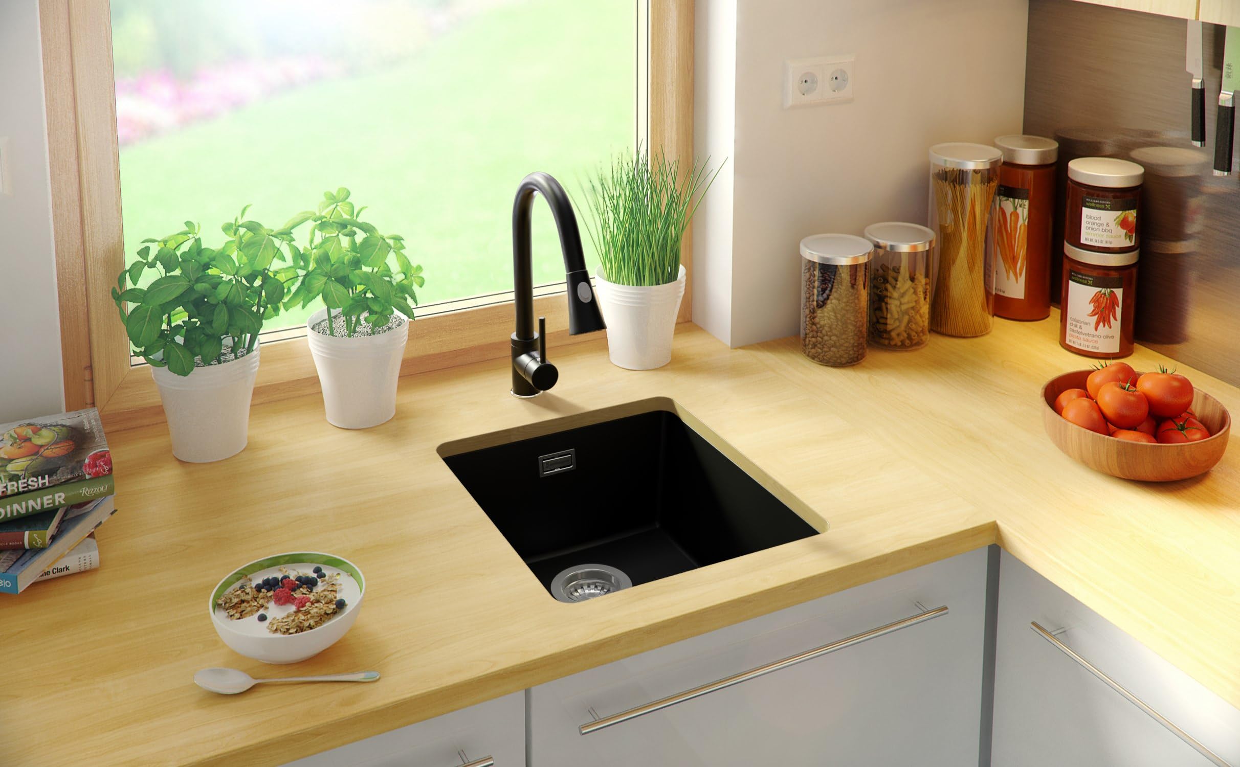 PRIMAGRAN Evier Sous Plan Tout Noir 41x47cm, Evier en Granit 1 bac + Kit de Vidage, Évier au Meuble 45cm - London S123