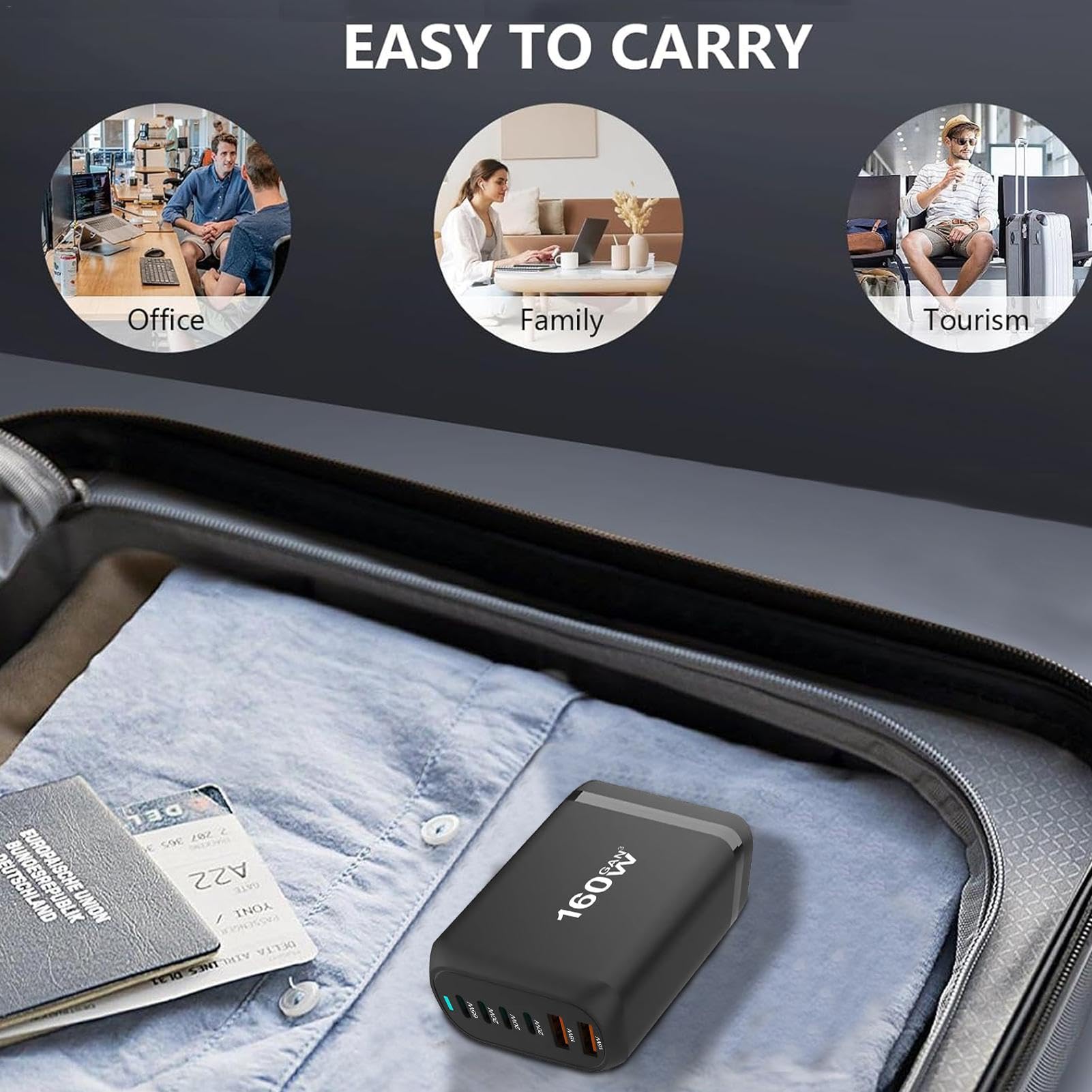 Blocco caricabatterie da parete rapido da 160 W - Stazione di ricarica USB