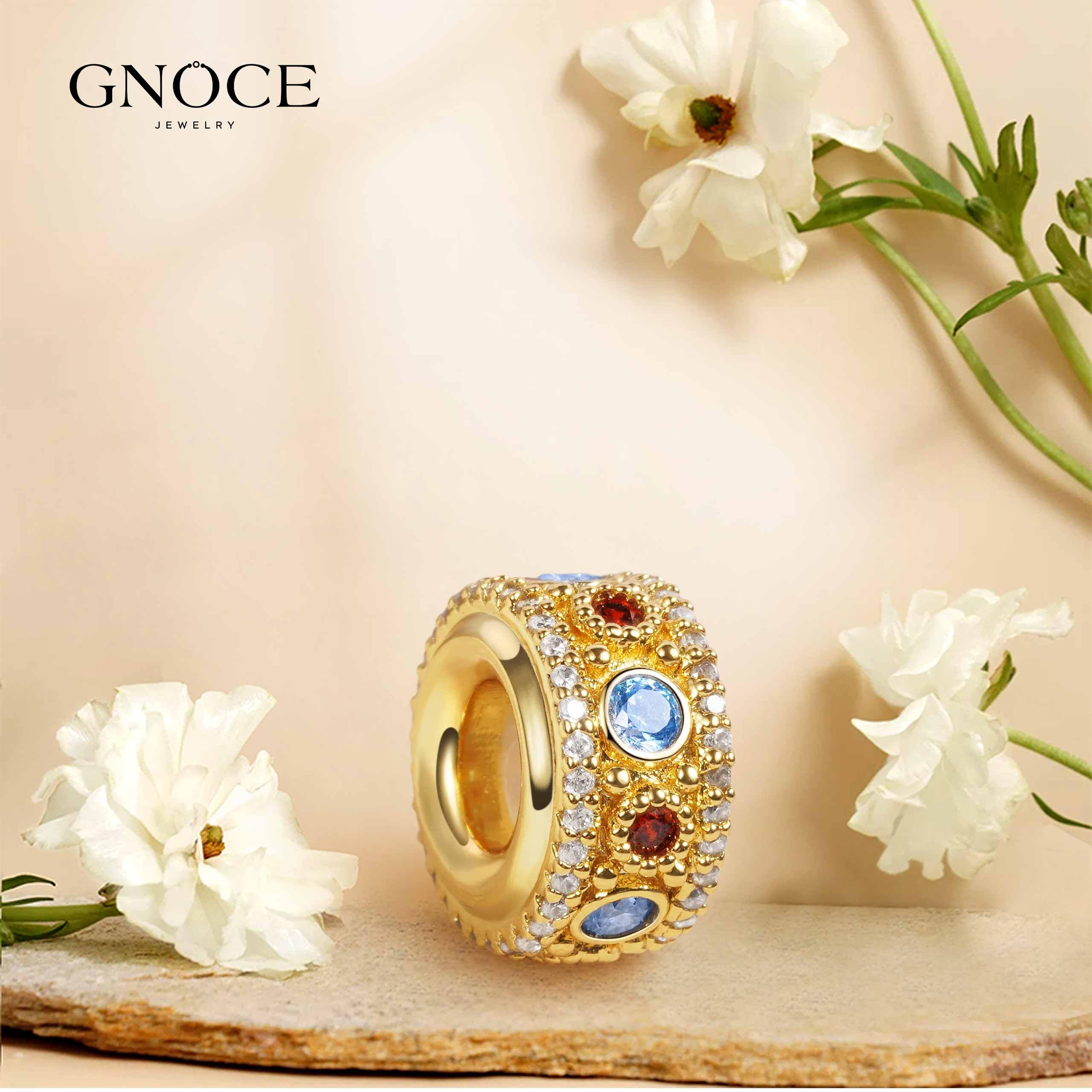 GNOCE Luxus Stil Sicherheitsstopper Charm Bead 925 Sterling Silber Intarsien mit Glänzenden CZ Steinen 18K Vergoldet Schmuck Geschenk Für Frauen Mädchen Tochter Fit Armband/Halskette