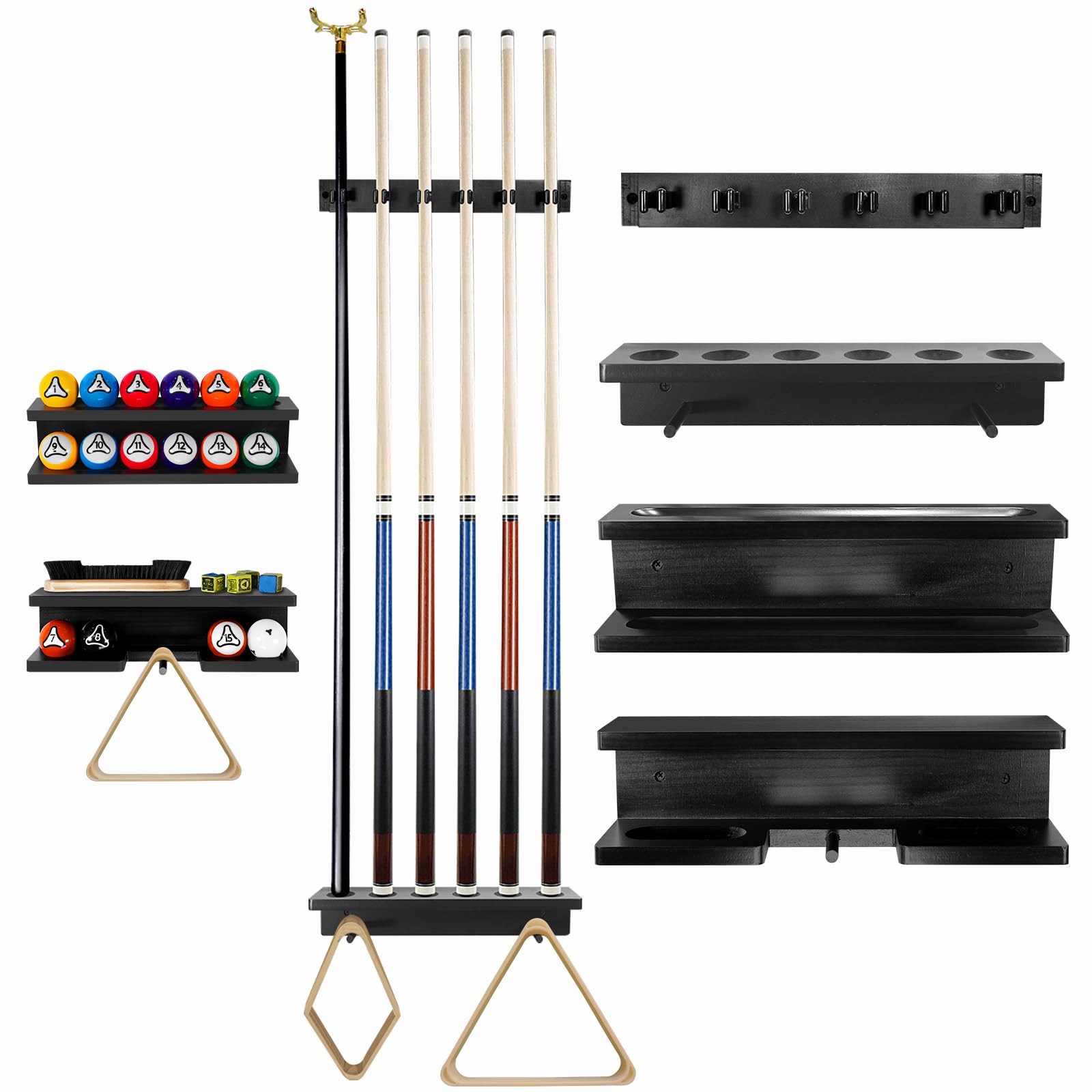 GOOX Pool Stick Holder Wall Mount - Pool Cue Rack for 6 Pool Sticks and Billiards Accessories, Solid Wood Cue Stick Holder, Brushed Black, Rustic Style