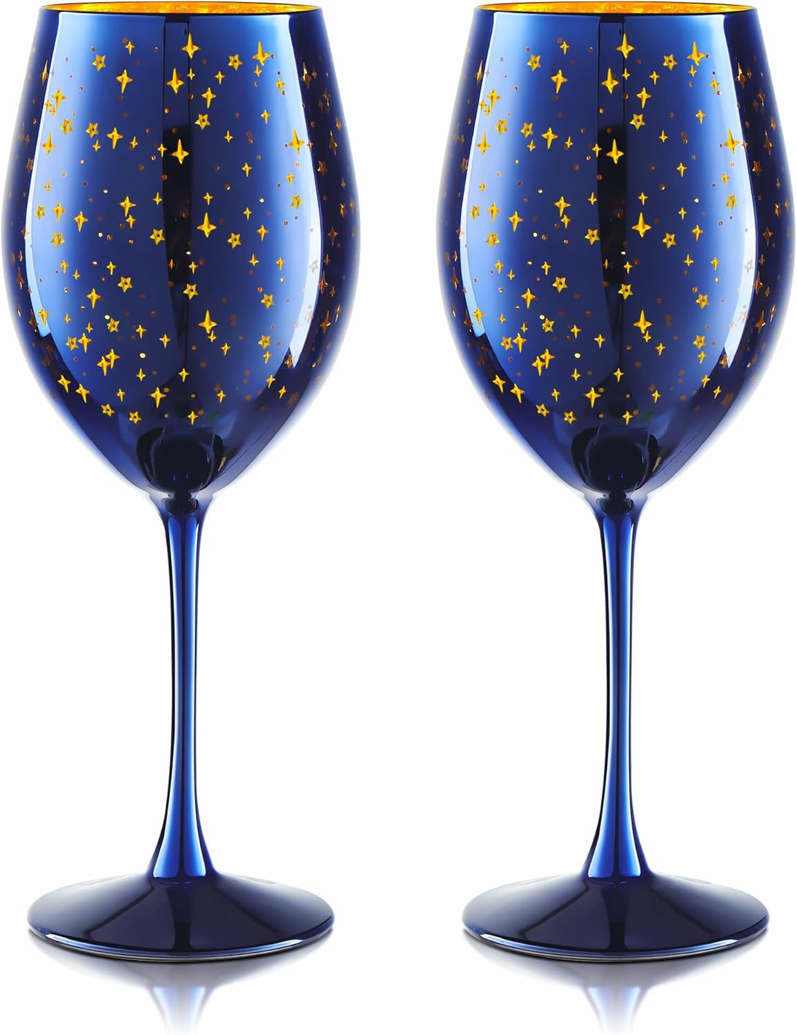 Joeyan Hand Blown Blue Wine Glasses,Colored Large Stemmed Goblet Drinking Cups with Gold Star Pattern,Red or White Wine Glass Tumblers,Glassware Gift for Wedding Anniversary Party,Set of 2,19.5 oz