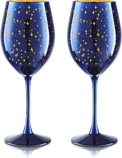 Joeyan Hand Blown Blue Wine Glasses,Colored Large Stemmed Goblet Drinking Cups with Gold Star Pattern,Red or White Wine Glass Tumblers,Glassware Gift for Wedding Anniversary Party,Set of 2,19.5 oz
