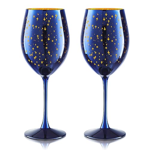 Joeyan Hand Blown Blue Wine Glasses,Colored Large Stemmed Goblet Drinking Cups with Gold Star Pattern,Red or White Wine Glass Tumblers,Glassware Gift for Wedding Anniversary Party,Set of 2,19.5 oz - Stemmed wine glasses