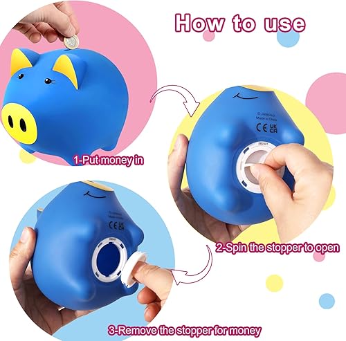 Miniatura 7 de Alcancía para niños, alcancía de plástico azul, con forma de cerdo, bonita alcancía irrompible, para niños pequeños, para guardar billetes y