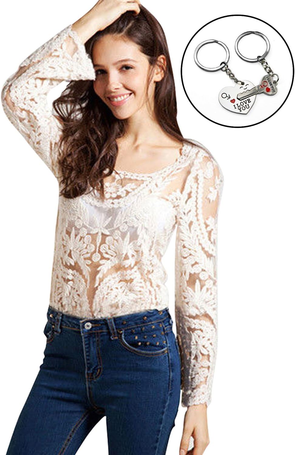 Cocobla Women's Embroidered Floral Lace Crochet Shirt