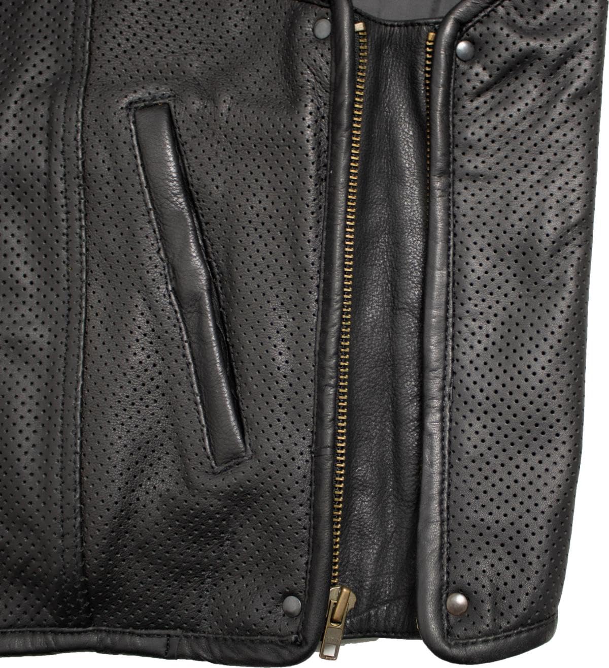 MDM Gilet pelle uomo biker in vera pelle traforata – Club Style, trapuntatura a rombi, nero, traspirante, ideale per moto e uso estivo
