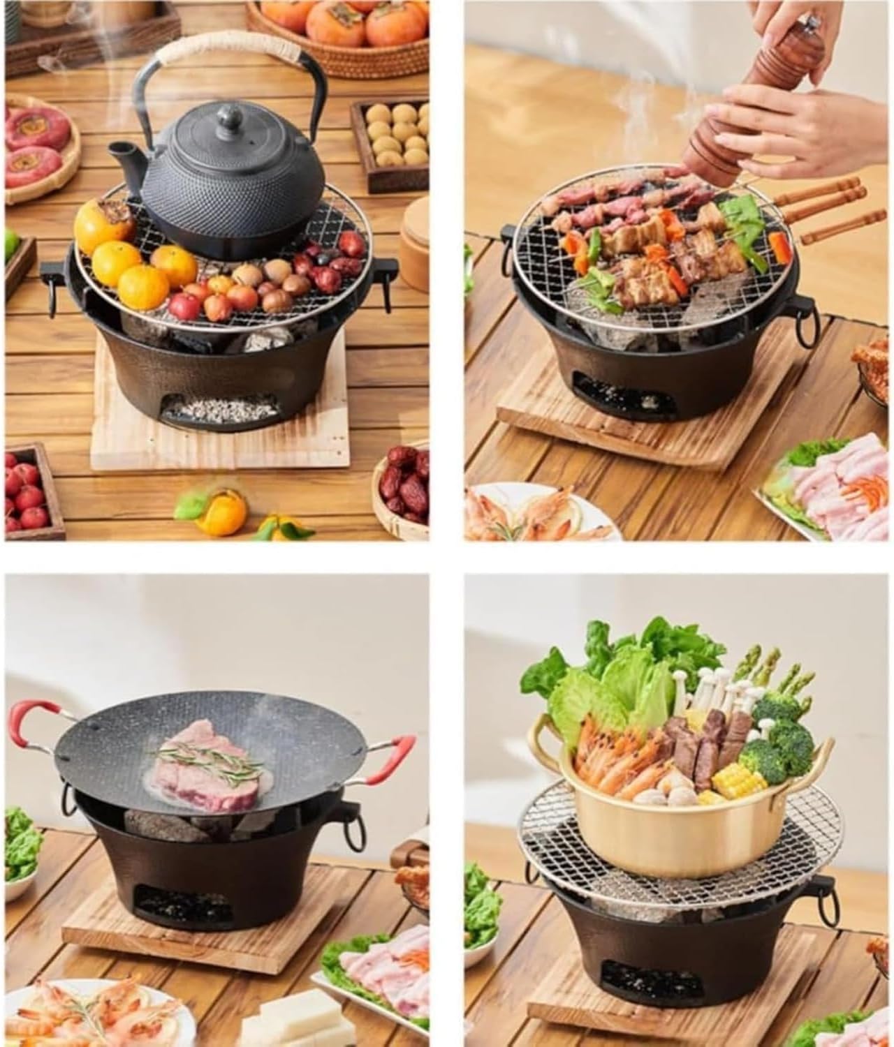 ポータブル卓上ミニバーベキューコンロ ベーキングトレイ・メッシュ付き 炭火焼き・串焼対応 2 人～4 人用 屋内・屋外兼用 キャンプ