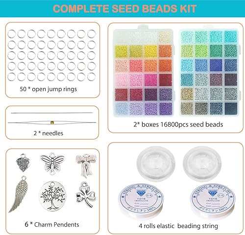Miniatura 5 de Bala&Fillic Cuentas de cristal 80 de 0.118 in, 48 colores en caja, alrededor de 16800 cuentas de semillas con cuerda elástica transparente y agujas