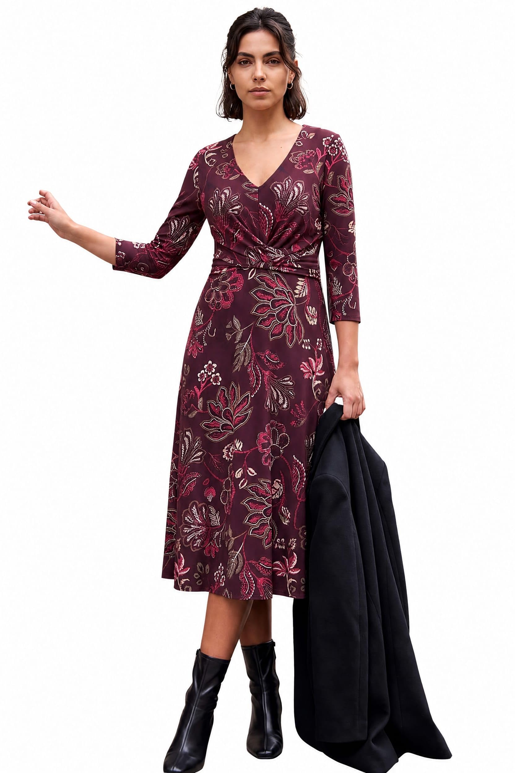 Roman Fit and Flare Dress for Women Ladies Chest Twist Knot Ruched Tea Skater Empire Waist Wedding Guest Smart Casual Swing Midi 3/4 Long Sleeve Knee Length
