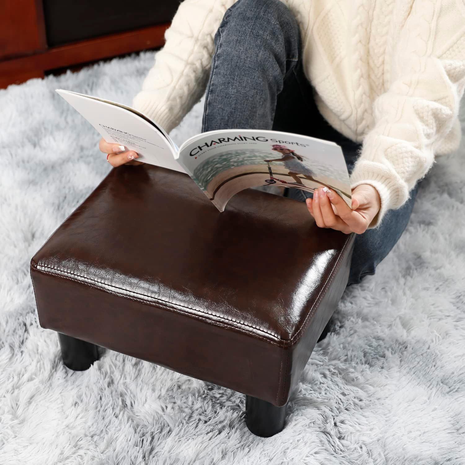 GRUNEN WOLKEN Footrest Small Ottoman Stool PU Faux Leather Modern Rectangle Seat Chair Footstool, Brown