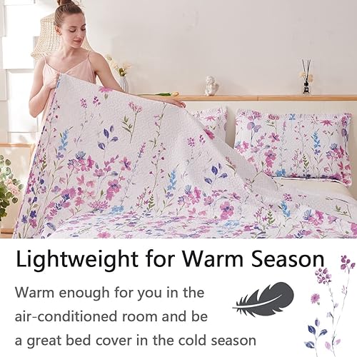 Miniatura 6 de Juego de cama matrimonialqueen de verano, diseño botánico de hojas y flores lila, color púrpura, azul, verde, liviano, delgado, transpirable colcha