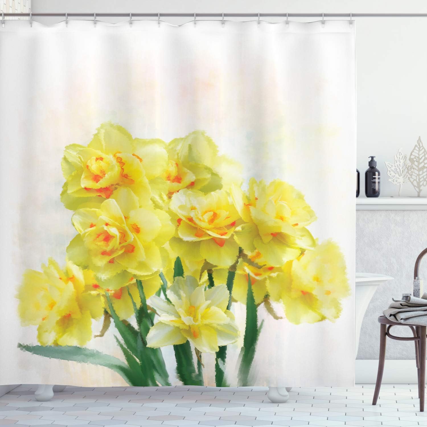 Ambesonne Daffodil Shower Curtain, Digital Watercolors Paint of Daffodils Bouquet Called Jonquils in England Lily, Cloth Fabric Bathroom Decor Set with Hooks, 69" W x 70" L, Yellow Green
