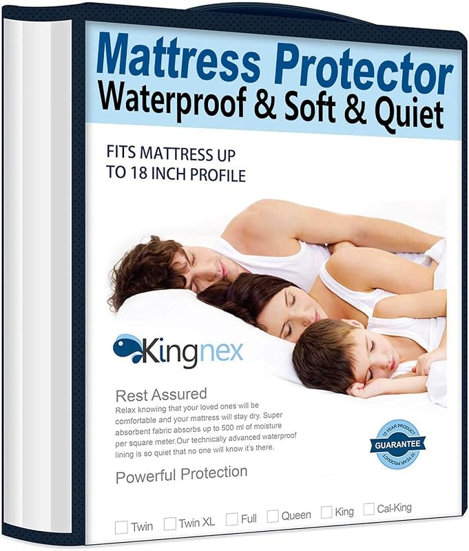 Kingnex Waterproof King Size Mattress Protector 78x80 | Fitted Cover with Stretchy Skirt, Ultra Soft Bamboo Viscose Smooth Jersey Surface, Noiseless