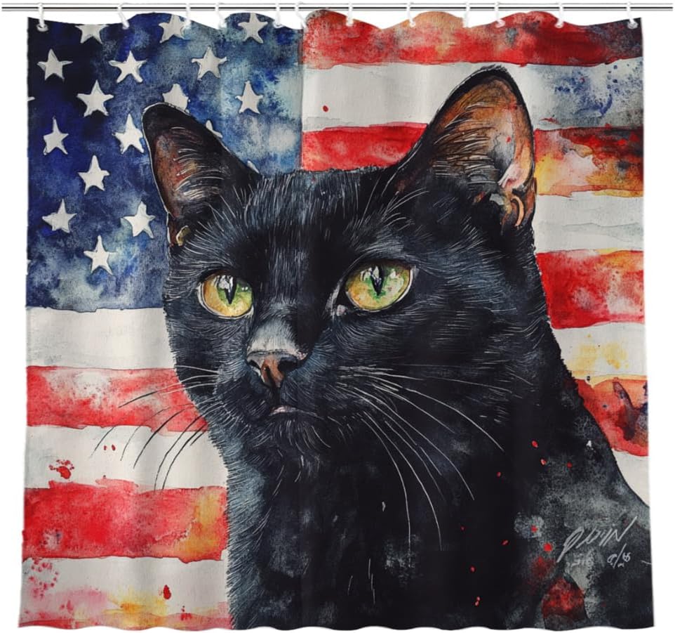NGZ 4th of July Independence Day Black Cat Shower Curtain Set American Flag Patriotic Shower Curtain Waterproof Fabric Shower Curtain with 12 Hooks 72''x72''