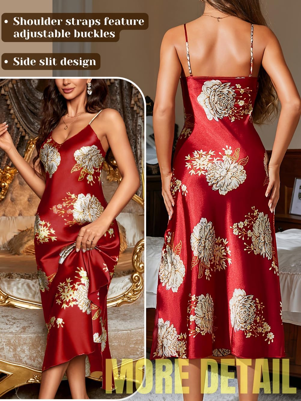 ChiaoLezhee Women's Silky Satin Floral Nightgown - Spaghetti Strap Slip Slit V Neck Luxury Sexy Long Night Dress Sizes S-XL