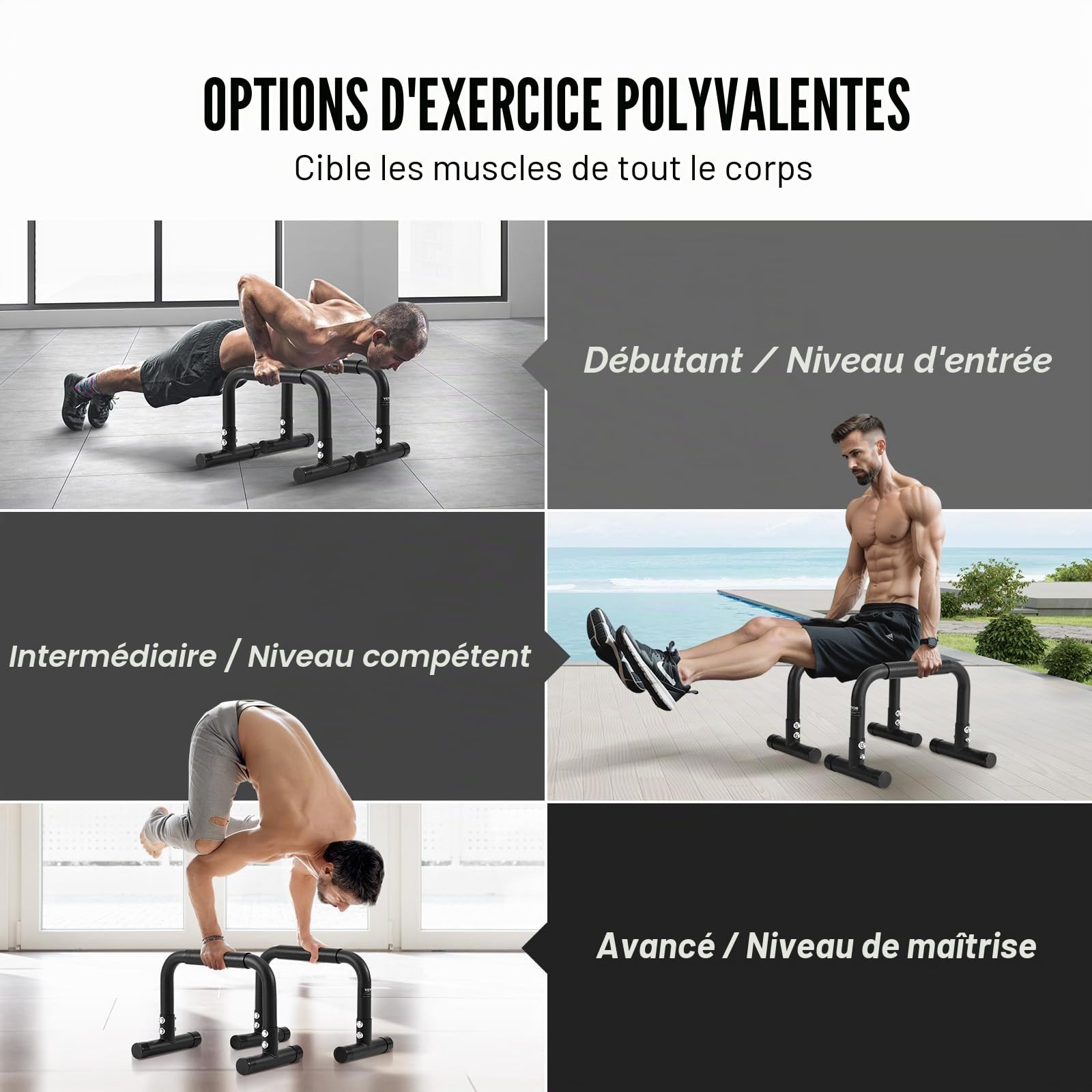 VEVOR Barre à Dips Capacité de Charge 227 kg, Barres Parallèles Résistantes, Station de Dips en Tube d'Acier, Assemblage Facile, pour Entraînement de Force, Fitness, Musculation, Gym, Maison