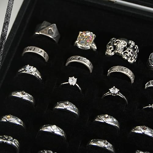Miniatura 5 de Coward Joyero organizador de anillos, caja de terciopelo negro con 100 ranuras para anillo, bandeja de exhibición con tapa de vidrio transparente