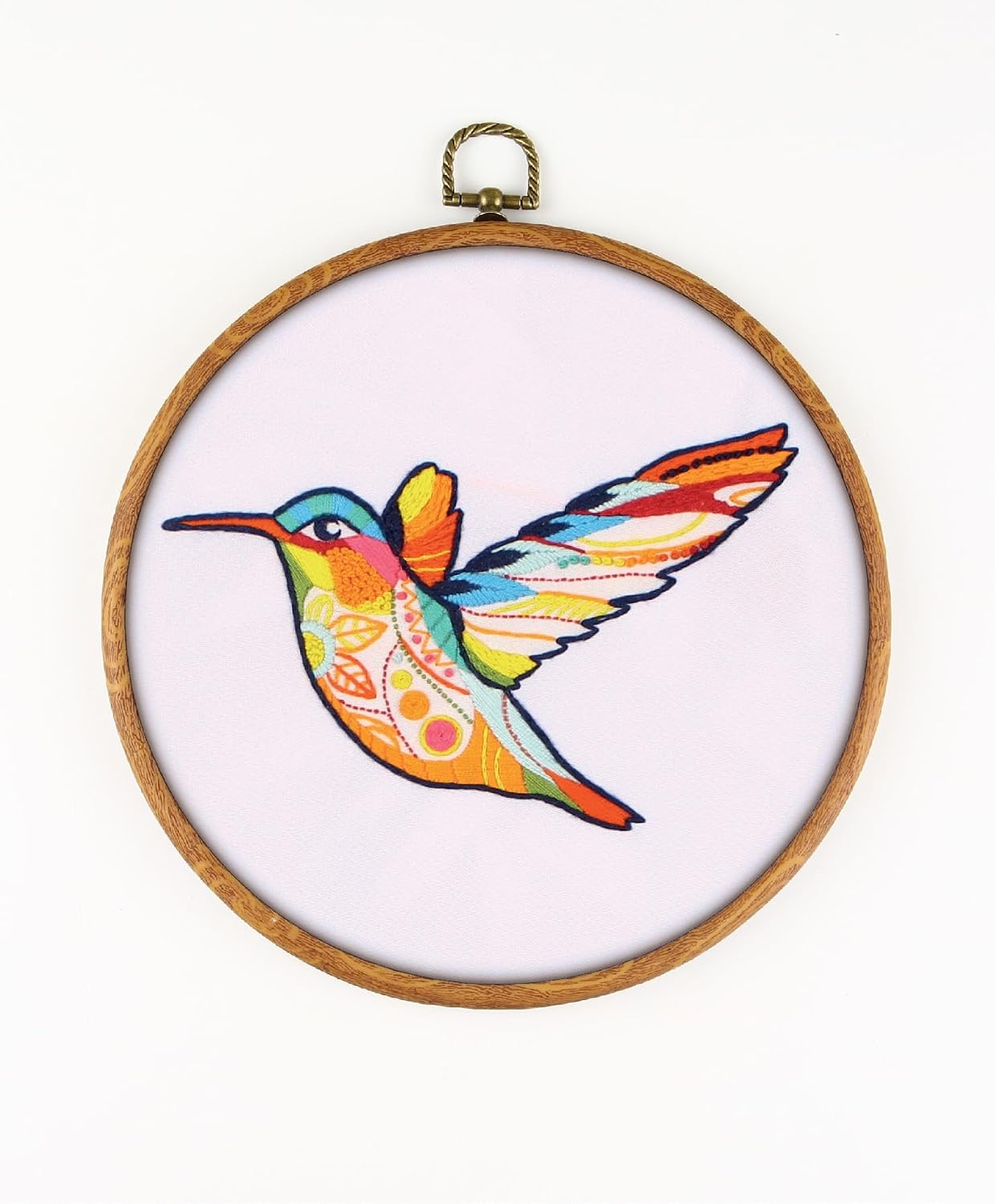 Mandala Hummingbird EM063 - DIY Embroidery Kit. Set of Threads, Needles, Stamped Cloth, Needle Threader, Embroidery Clippers and Printed Color Pattern Inside.