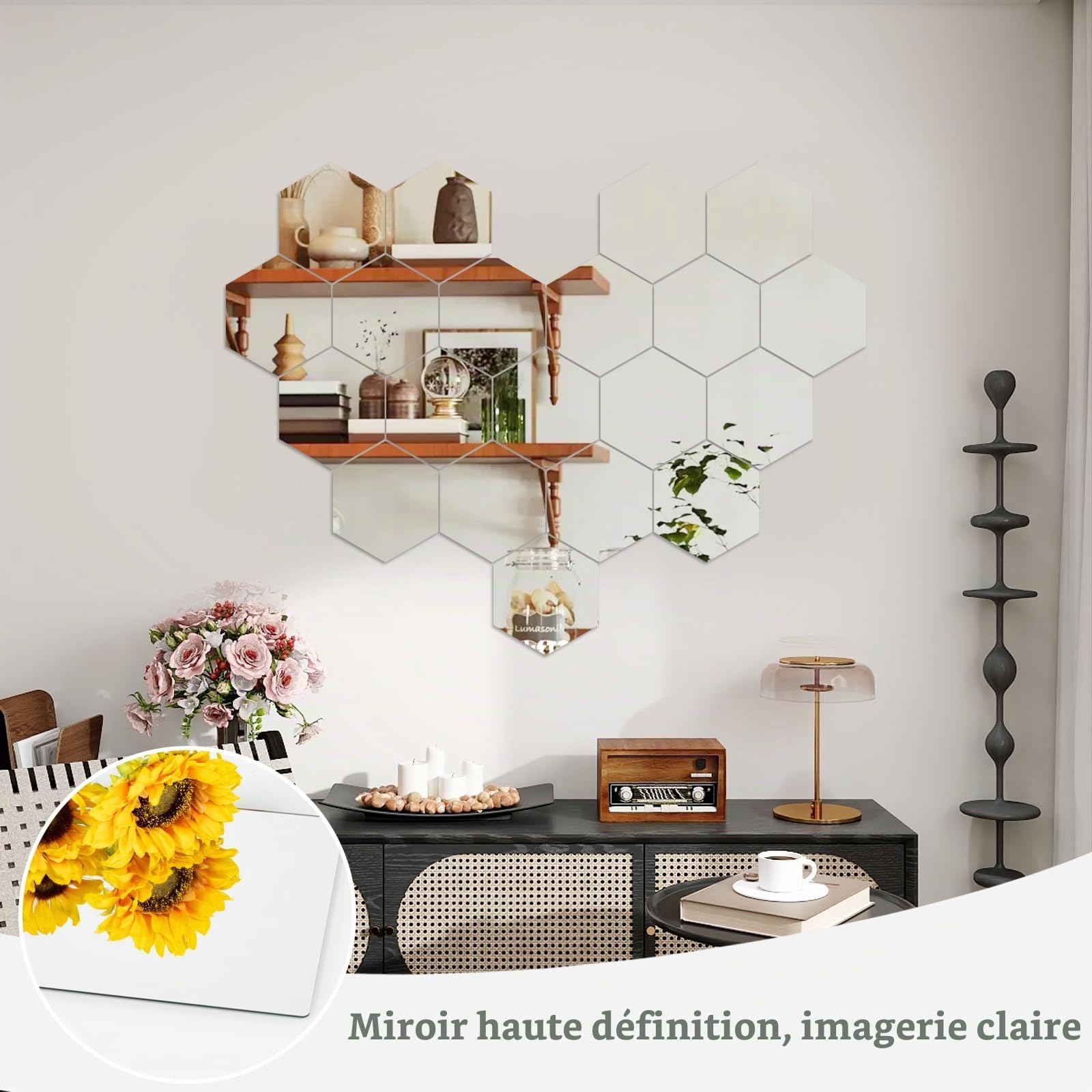 Abyssaly 4 Pièces Miroir Mural Autocollant 20 X 20 cm, Antidéflagrant Hexagone Flexible Miroir Autocollant Adhesif Mural pour Décoration Chambre Salon Bain