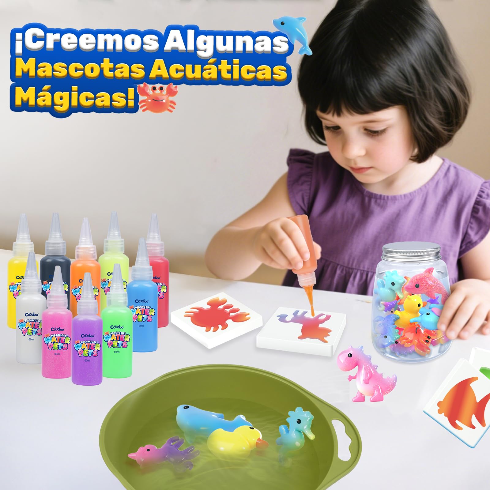 Coodoo Aqua Gelz Set, Juguete de Gel de Agua Mágico DIY, Juego de Gel Mágico con 10 Colores y 8 Moldes, Creativo Manualidades Niños, Juguetes Juegos Kit Pintura Regalo para Niños Niñas 3 4 5 6 Años