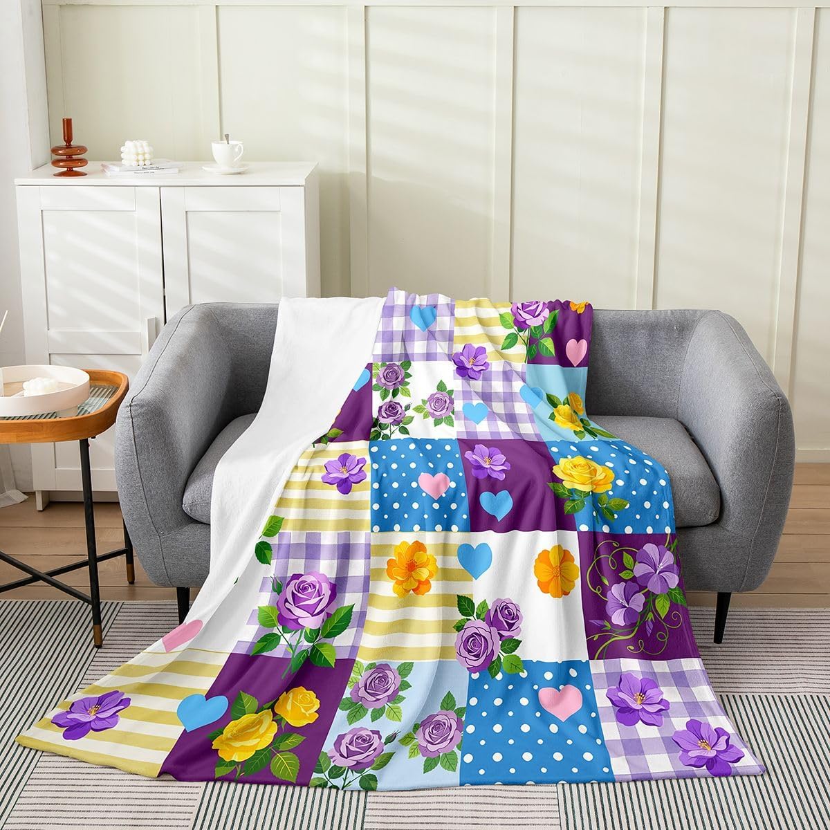 Cute Plaid Floral Bed Blankets Room Decor 50x60 inches Rose Flower Sweet Heart Fuzzy Blanket for Sofa Couch French Style Flannel Fleece Blanket for Kids Boys Girls All Season,Purple Yellow