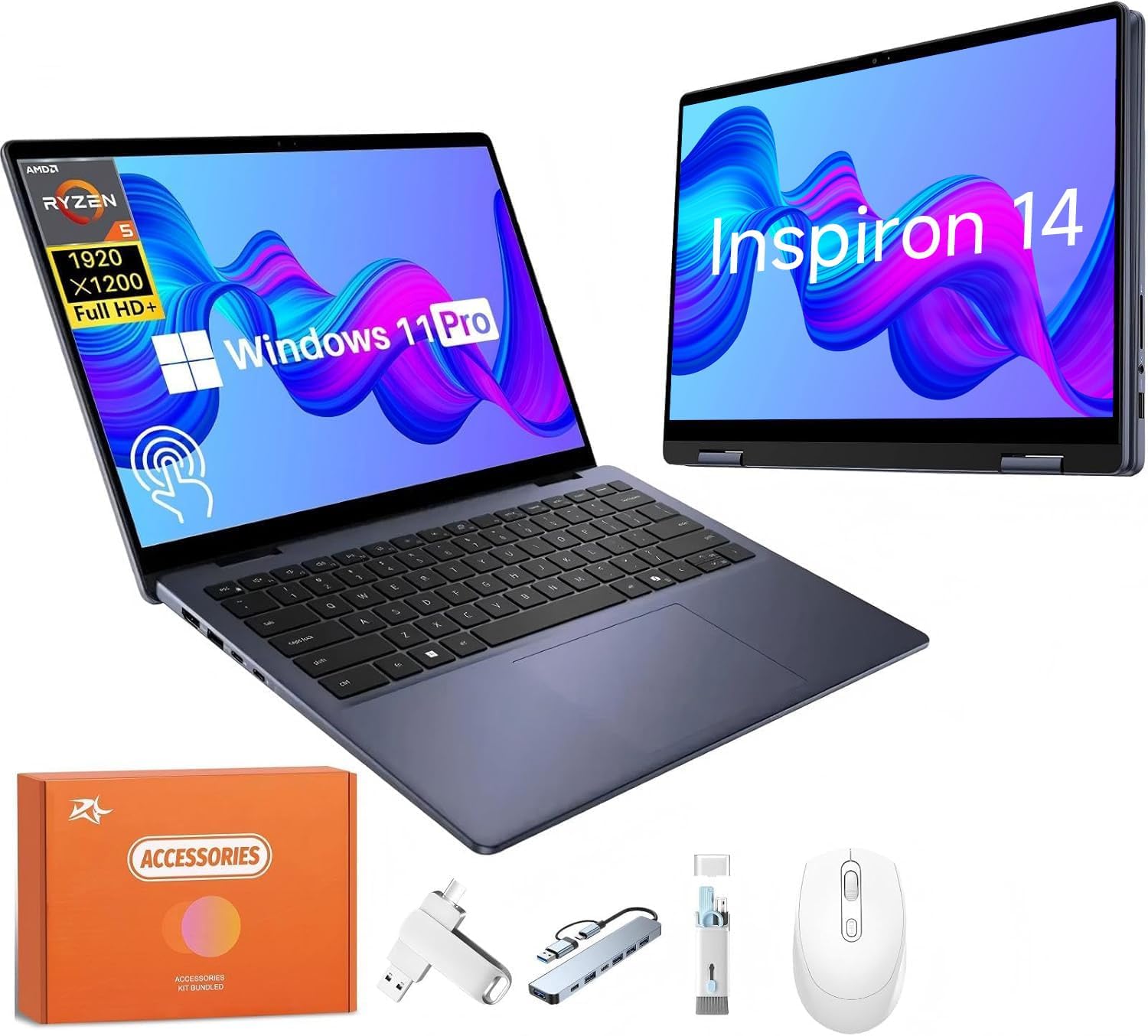 Dell Inspiron 14 2-in-1 Laptop for Business, AMD Ryzen 5 8640HS(Beat Intel i7-1255U), 14" IPS FHD+ Touch Screen, 32GB DDR5, 1TB SSD, Backlit Keyboard, Fingerprint, Windows 11 Pro,w/Mouse & Accessories