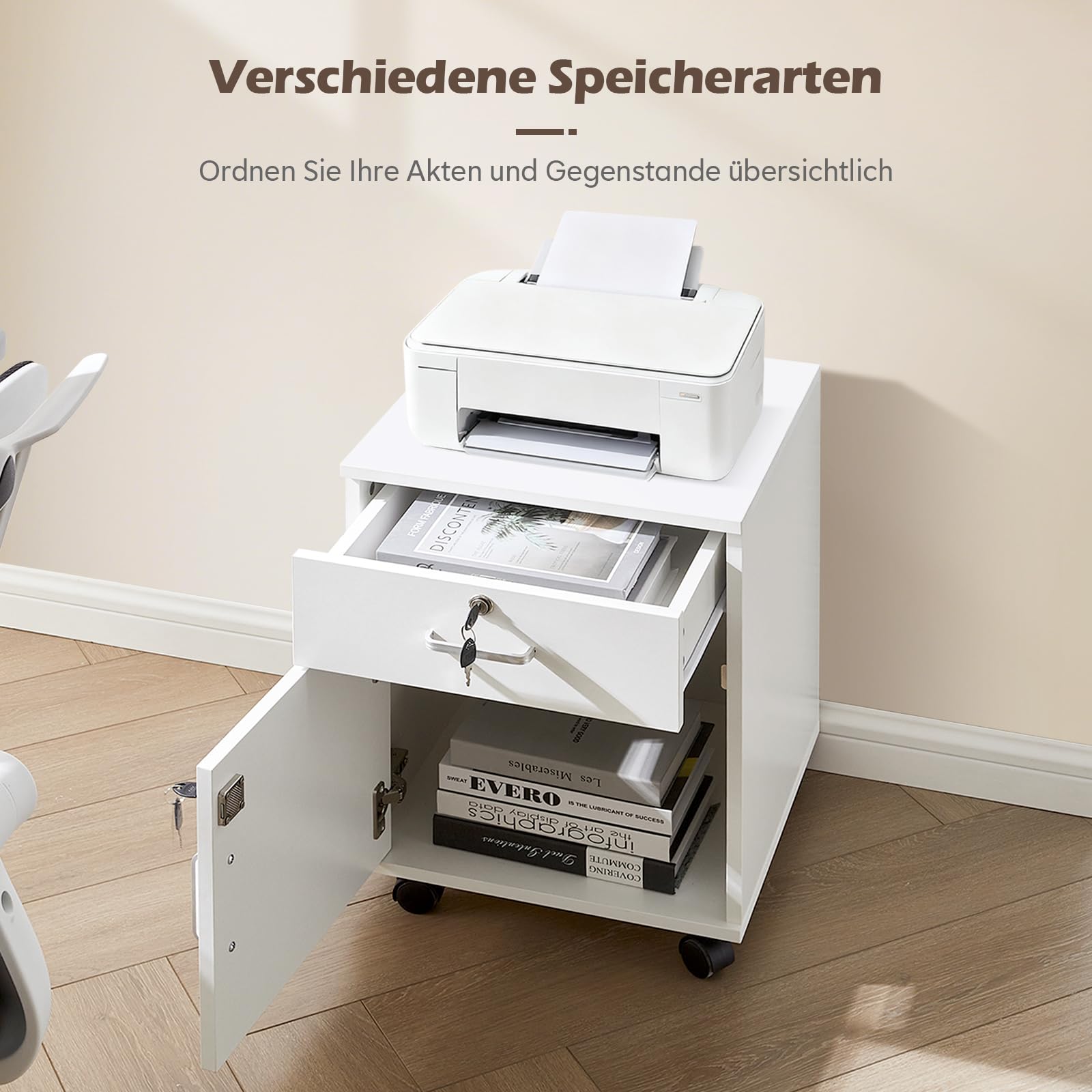 TUKAILAI Rollcontainer, Rollcontainer Abschließbar, Aktenschrank mit Schubladen, Büroschrank mit Rollen, Drucker Ablagefächer für Büromöbel 40x40x57 cm, Weiß