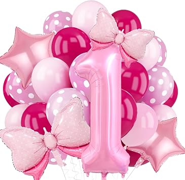 40 Inch 1 Balloon Birthday Decorations for Girls, 20PCS Pink 1 Balloon Number Party Decorations Set, Bow Star Balloons with Number 1 Balloons for Baby Girl Daughter First Birthday Party Decorate