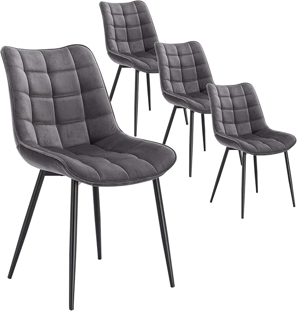 WOLTU Dining Chairs Set of 4 pcs Kitchen Counter Chairs Lounge Leisure Living Room Corner Chairs Dark Grey Velvet Reception Chairs with Backrest and Padded Seat