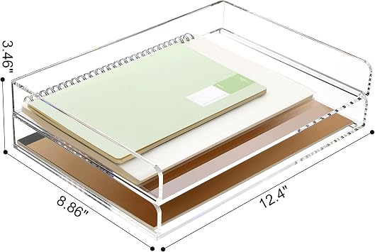 SANRUI 2 Tier- Stackable Paper Letter Tray, A4 File Trays Desk Organizer, Acrylic Desk Organizers and Accessories Sorter Tray, Clear Workspace Office Supplies Organizers, 12.4inx8.86inx3.46in