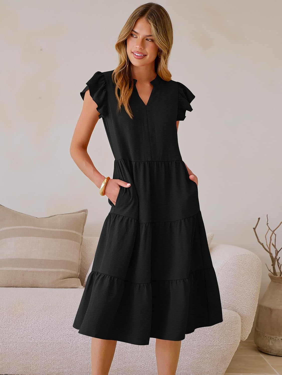 ANRABESS Womens Summer Casual Dress V Neck Ruffle Sleeve Midi Dresses 2026 Trendy Flowy Tiered Boho Beach Vacation Sundress - Image 3