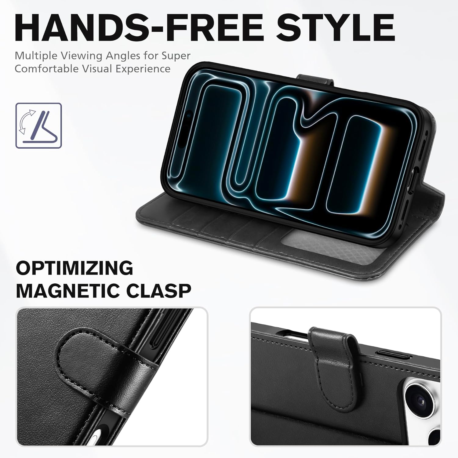 TUCCH Wallet Case for iPhone 17 Pro Max (6.9") 2025, Wrist Strap RFID Blocking 4 Card Slots, Kickstand, Shockproof TPU Shell, PU Leather, Magnetic Closure, Protective Flip Cover, Black - Image 4