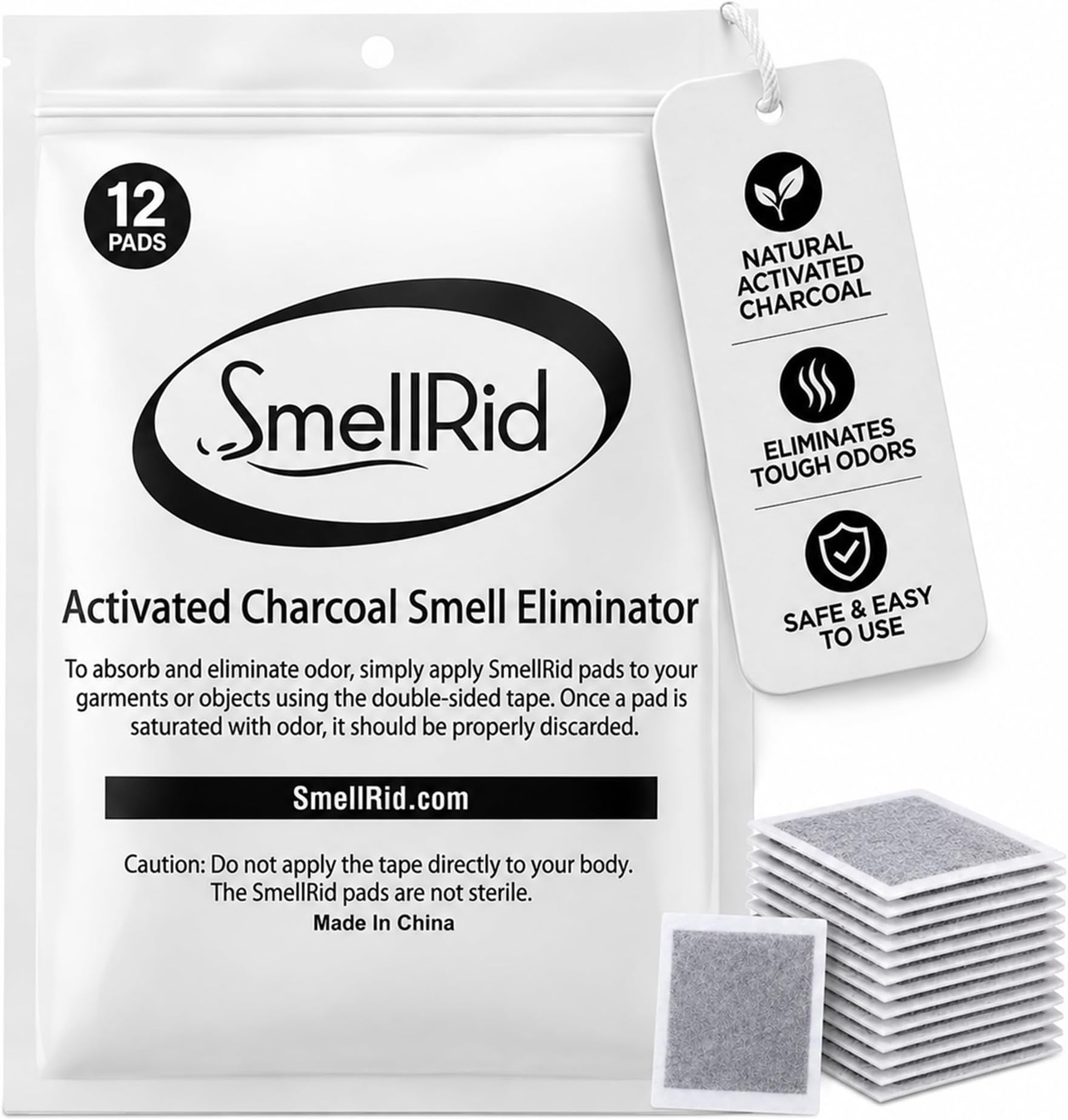 Activated Charcoal Odor Absorber Pads – 12 Unscented Adhesive (4"x4") Charcoal Pads for Body Odor, Flatulence & Personal Care Environments – 100% Coconut Shell Carbon