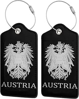 Luggage Tags Austria Austrians Flag Logo Silver National Emblem for Suitcases Pu Leather Durable Steel Loop Address Card Bag Tags Travel Accessories Essential 1 Pc