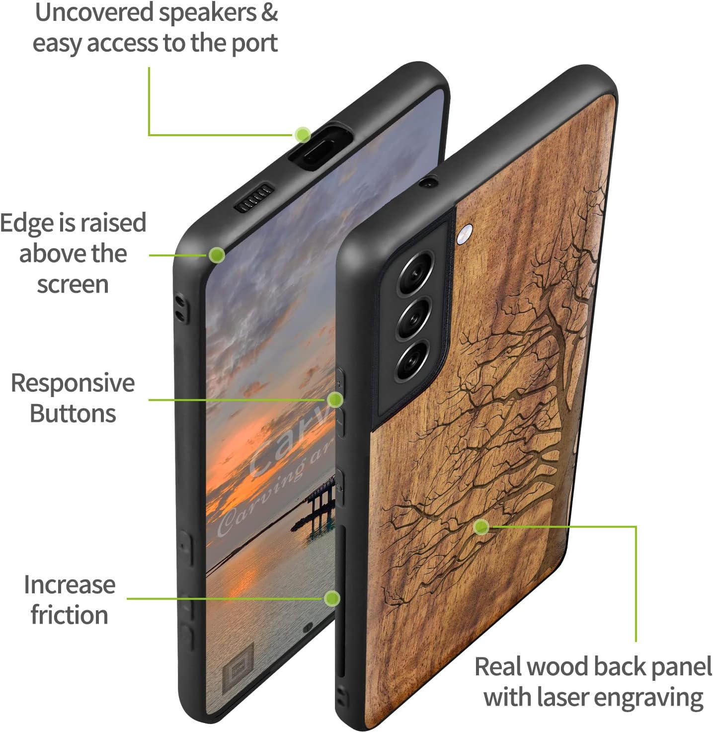 Carveit Wood Case for Galaxy S22 Case [Natural Wood & Black Soft TPU] Shockproof Protective Cover Unique & Classy Wooden Design Compatible with Samsung S22 (Eternal Tree-Walnut)