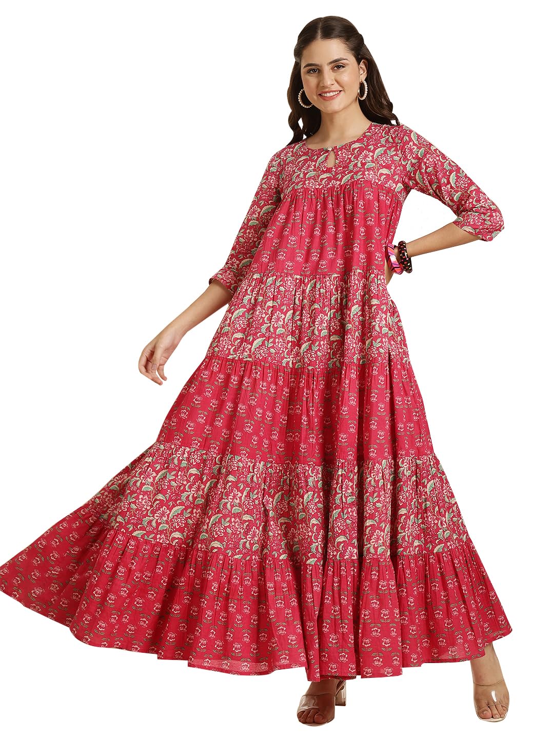 Women's Cotton Ankle Length Printed Key Hole Neck Anarkali Gown