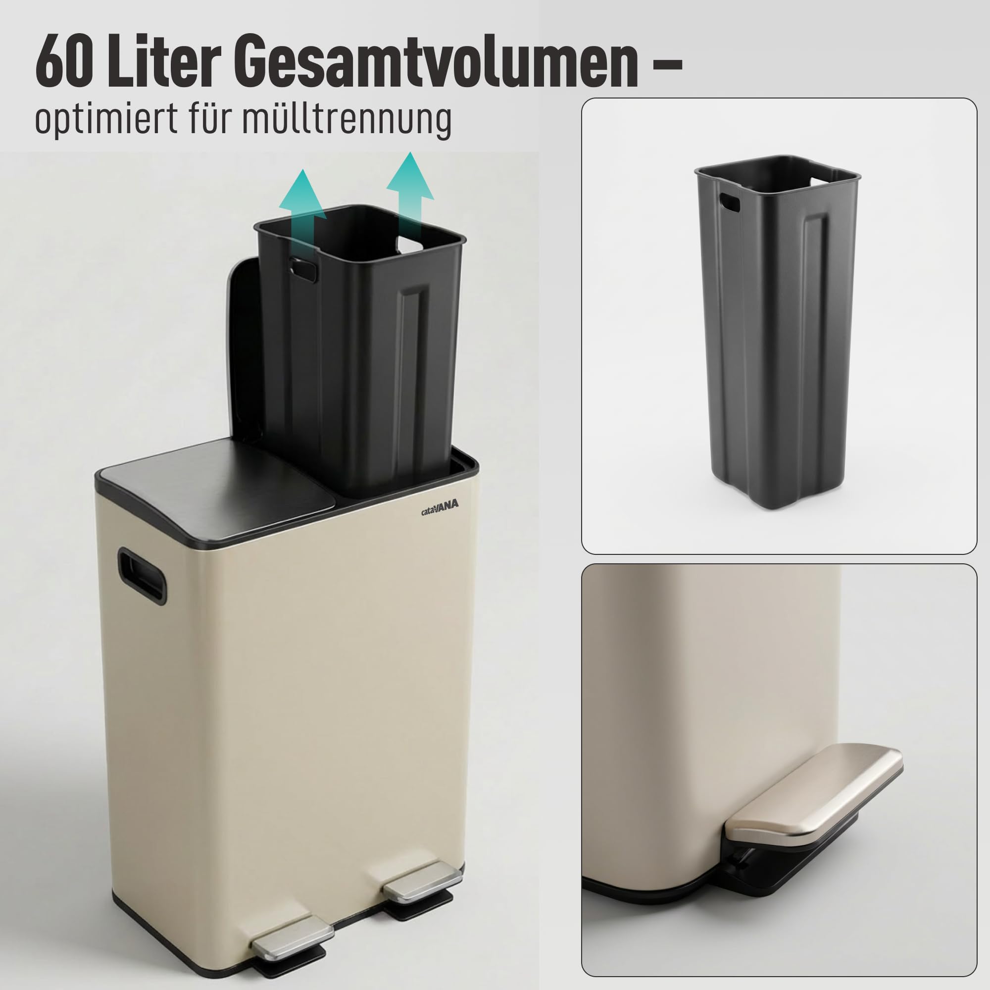CATAVANA Mülleimer Küche Mülltrennung 2 x 30 Liter - Doppelfach 60 Liter - Moderner Mülleimer für Recycling - Elegantes Design - Beige