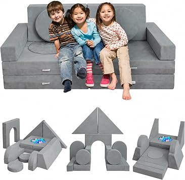 16 Pcs Modular Kids Play Couch, Toddler Sofa Couch Building Fort Grey, Regular