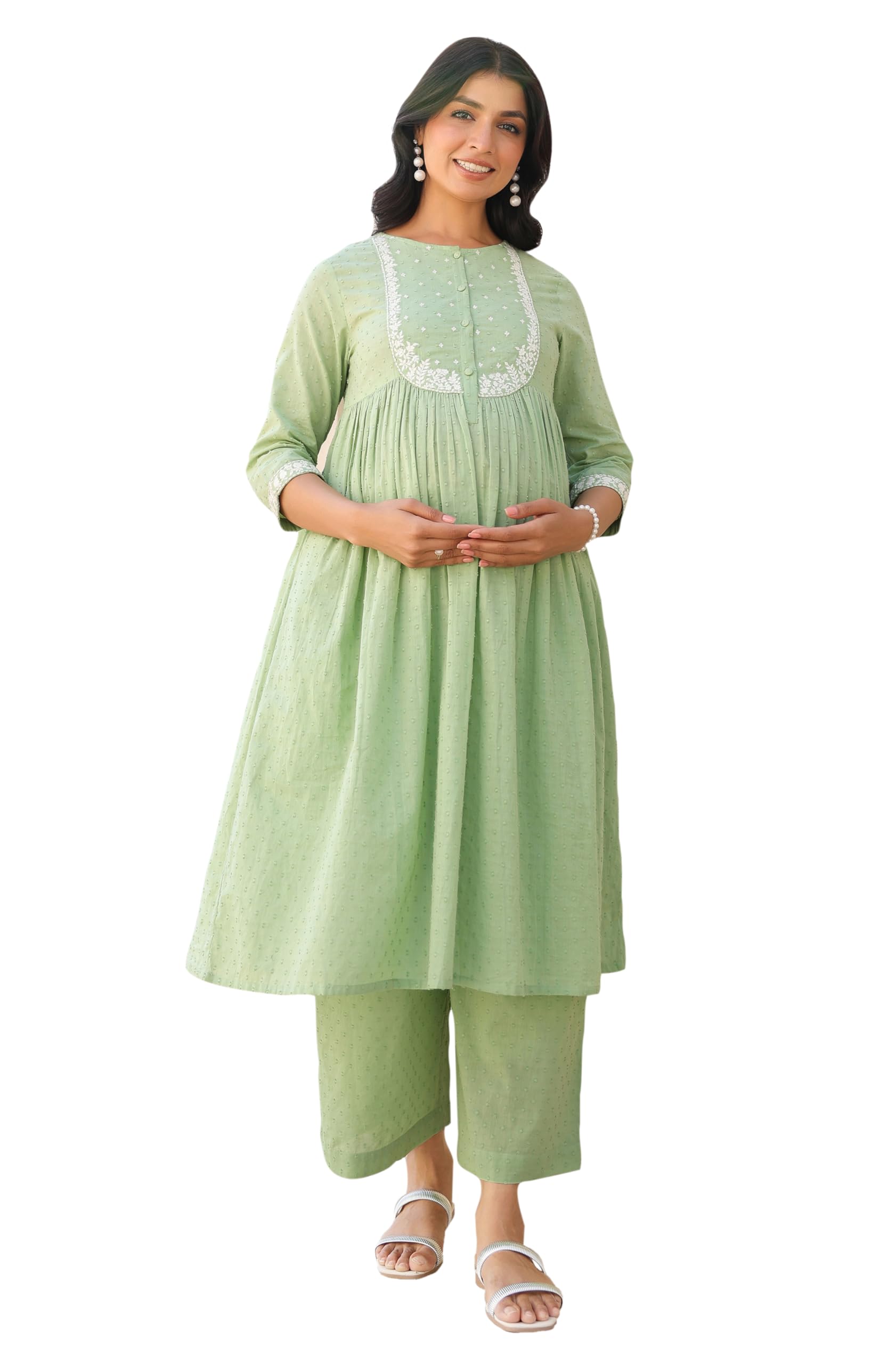 Women's Light Green Dobby Pure Cotton Yoke Embroidered A-line Maternity Kurta Pant Set-image-30
