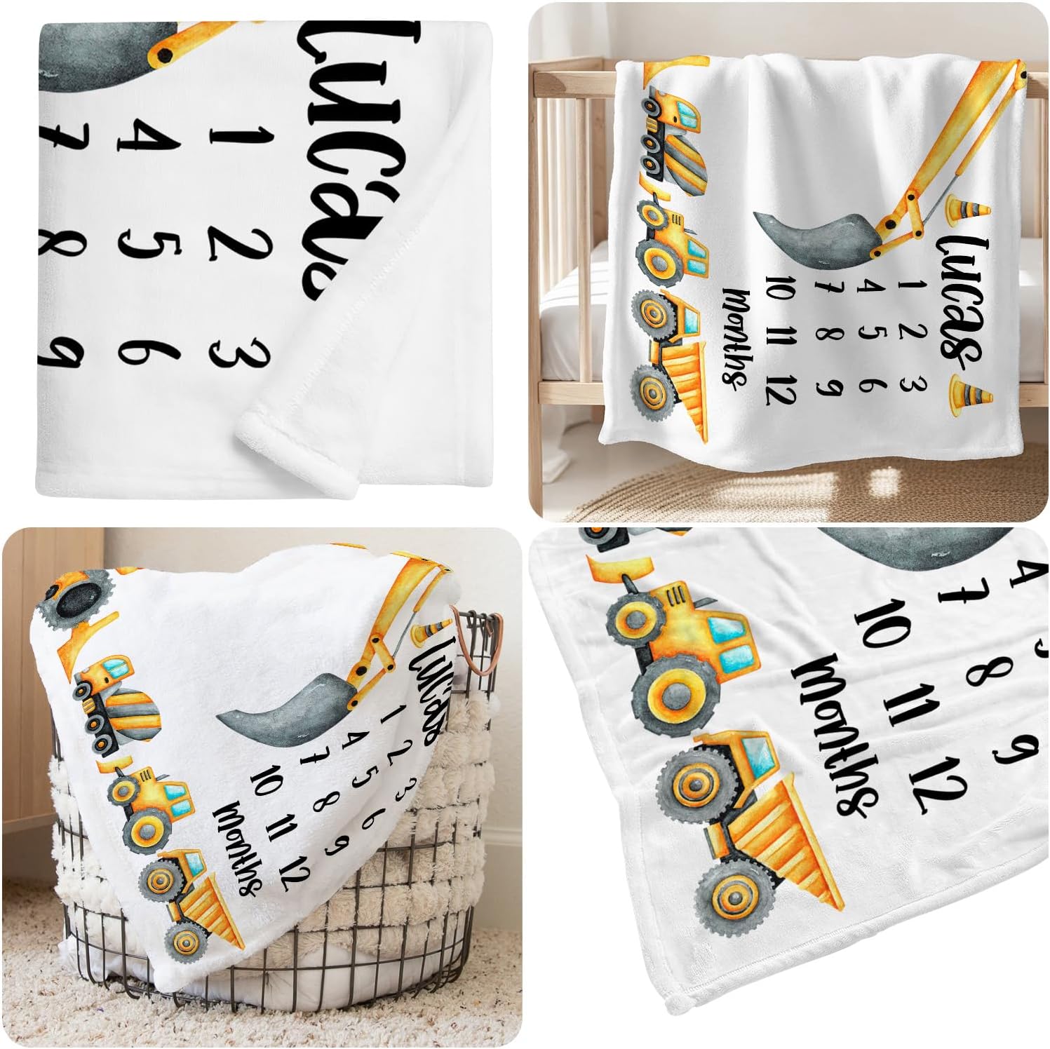 Custom Name Construction Milestone Blanket Boy, Dump Truck Baby Boy Milestone Throw, Crane Baby Age Blanket, Excavator Growth Tracker Throw
