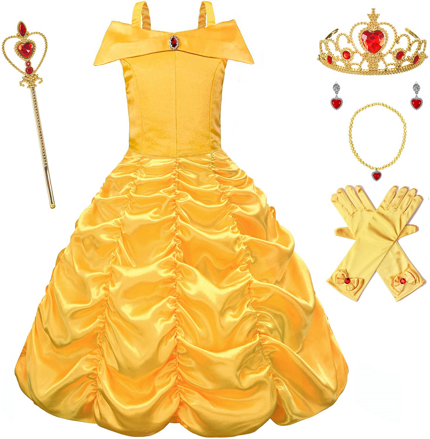 Avady Princess Costume for Little Girls Off Shoulder Layered Dress with Crown, Wand, Necklace, Earrings, Gloves