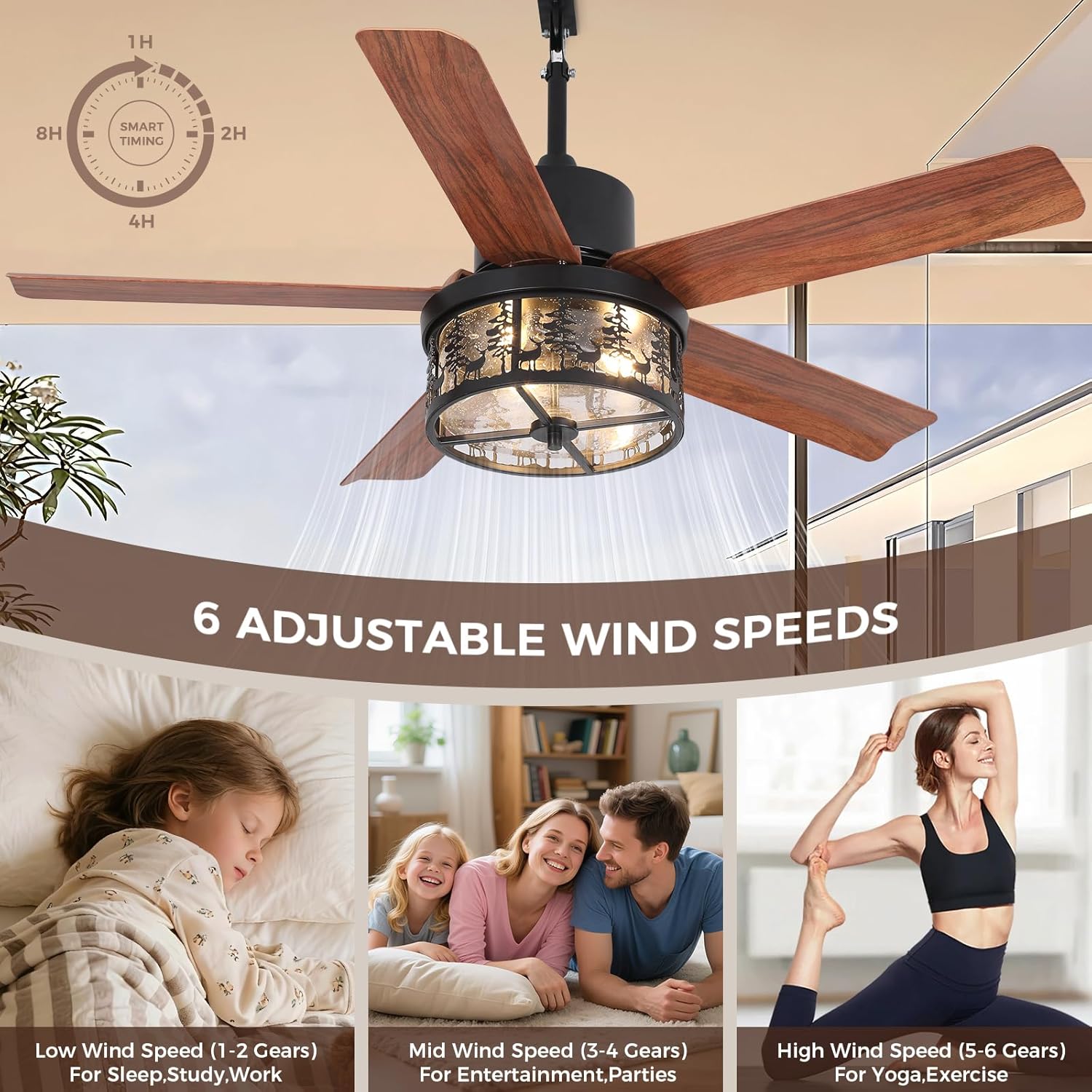42 Inch Outdoor Ceiling Fan with Light and Remote, Rustic Farmhouse Outdoor Ceiling Fan, IP65 Waterproof with 6 Speed DC Motor, Bear and Deer Design Gazebo Fan for Patio, Porch, Living Room