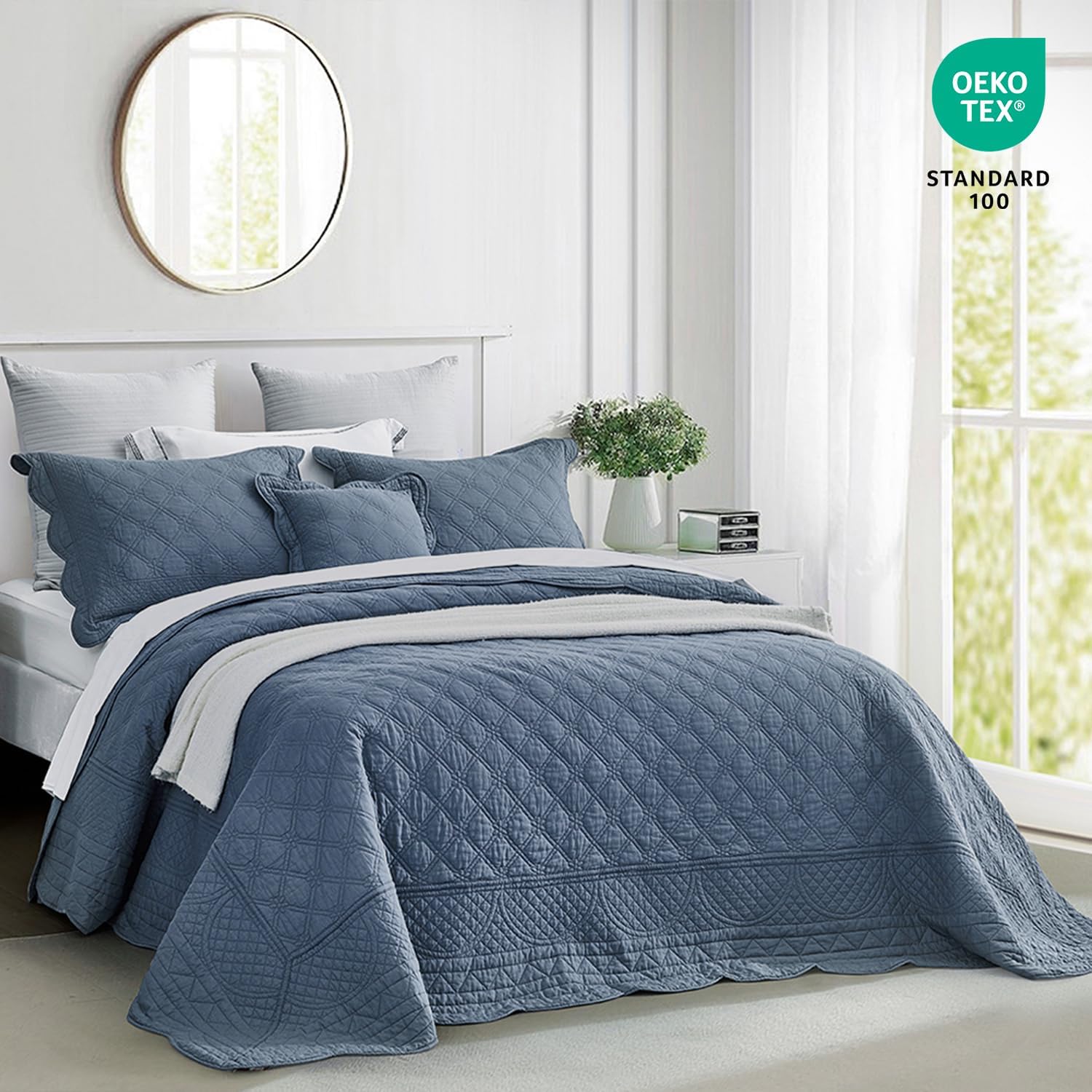 CHIXIN Oversized Cotton Bedspread King Size - Real Stitching Quilt - Luxury Quilted Bedding Cover for All Season, Reversible, Ultra Soft, Lightweight, 3 Piece, Smokey Blue - Image 2