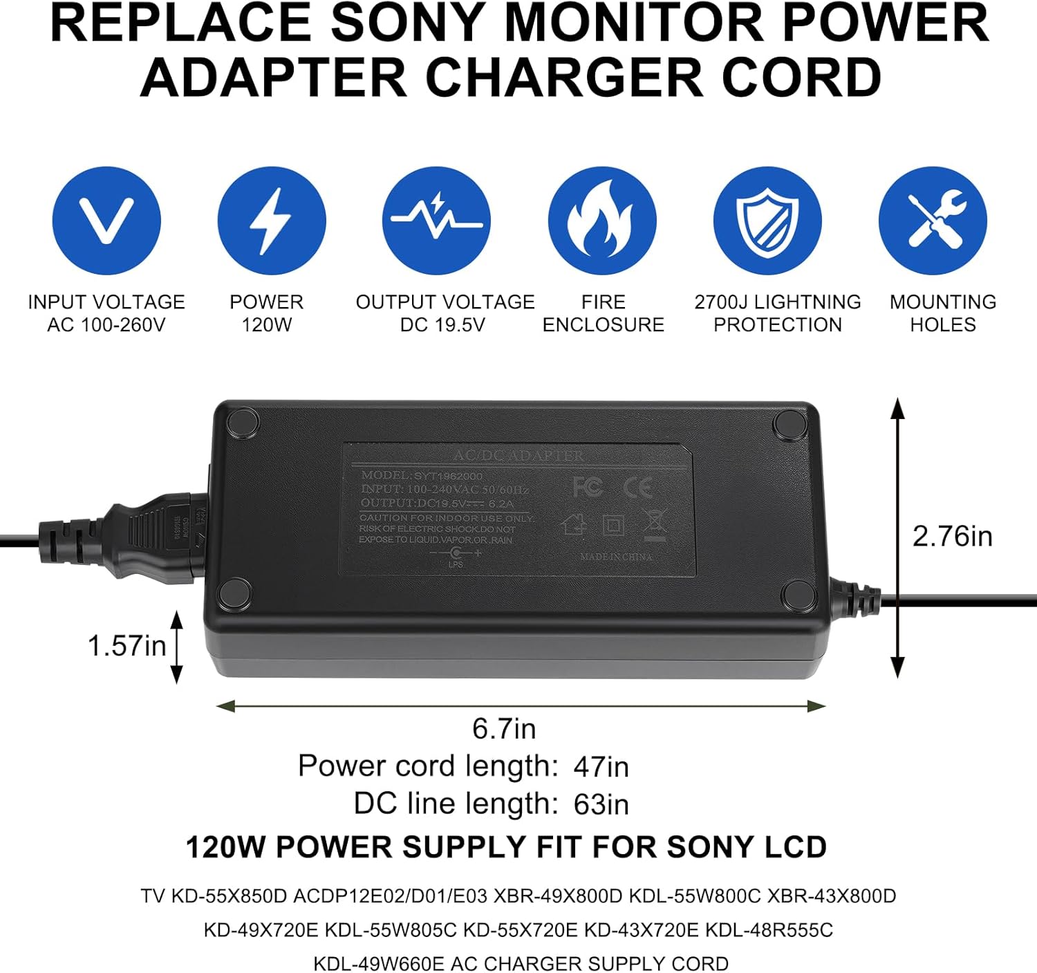 19.5V Power Supply Cord Compatible with Sony KDL-55W805C KD-55X720E KDL-55W800C XBR-43X800E XBR-43X800D XBR-49X800E XBR-49X800D XBR-55X850D KD-43X720E TV Supply Adapter Charger