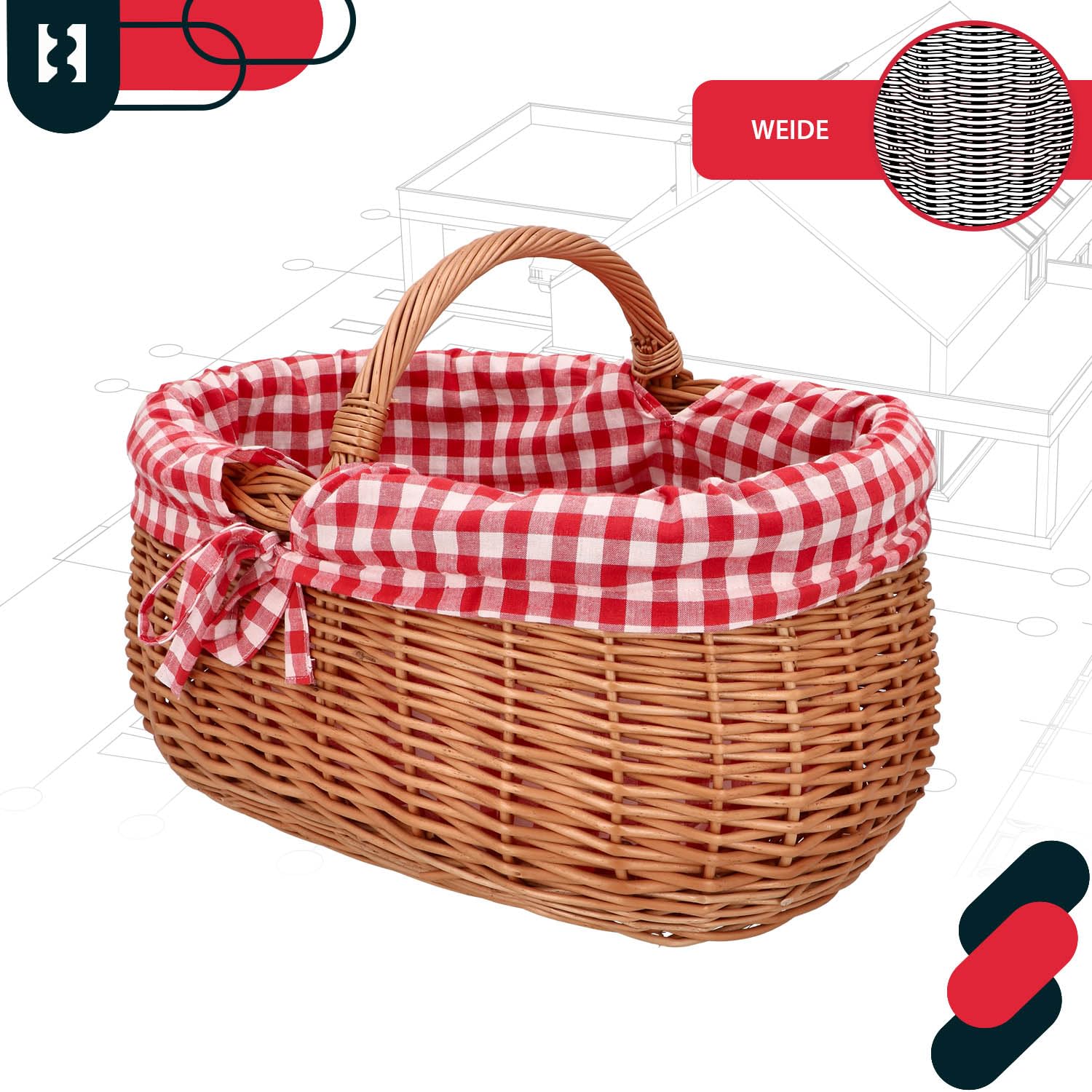 KOTARBAU® Cesta de Mimbre - con Asa - 46 x 32 x 43 cm - Marrón - Cesta Setas - Compra Picnic - con Forro de Tela a Cuadros Rojos - Decorativa - Ligera