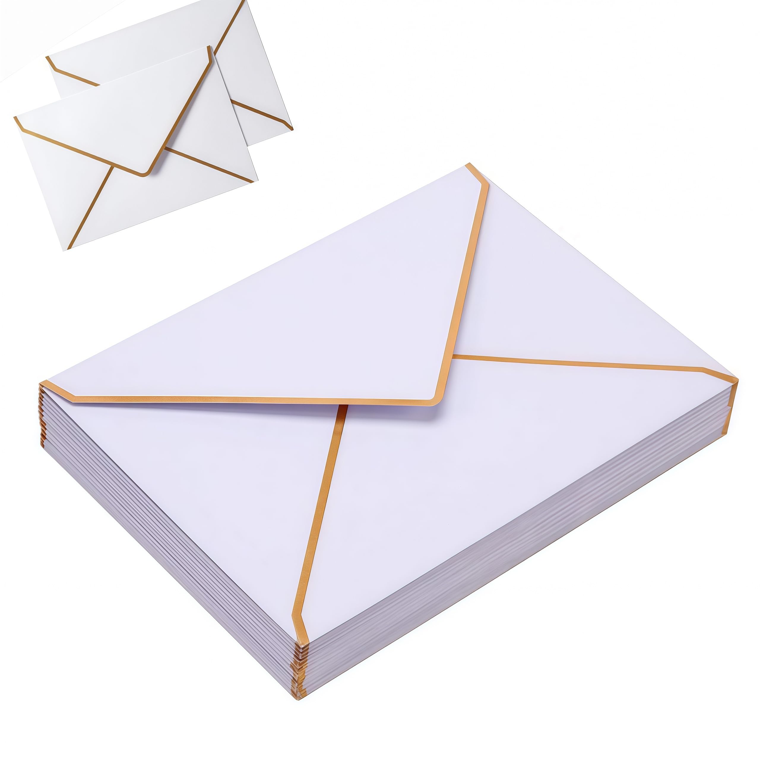 50 pcs Invitation Envelopes, Card Self Seal Gold Border, V-Flap Mailing CardQuick Seal Envelopes with Gold Border for Invitation, Wedding, Announcement(White) Loopunk