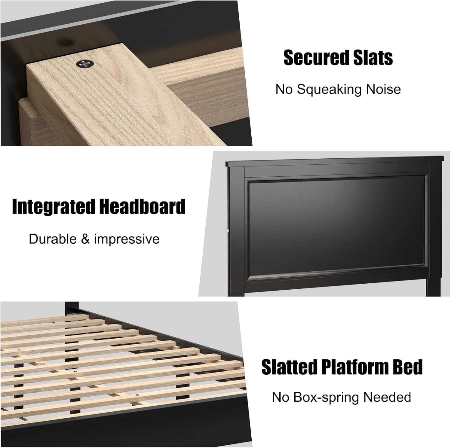 KOMFOTT Queen Size Wood Platform Bed Frame with Headboard, Wooden Mid Century Platform Bed with Slat Support & Under Bed Storage, Mattress Foundation Bed Base, No Box Spring Needed, Black