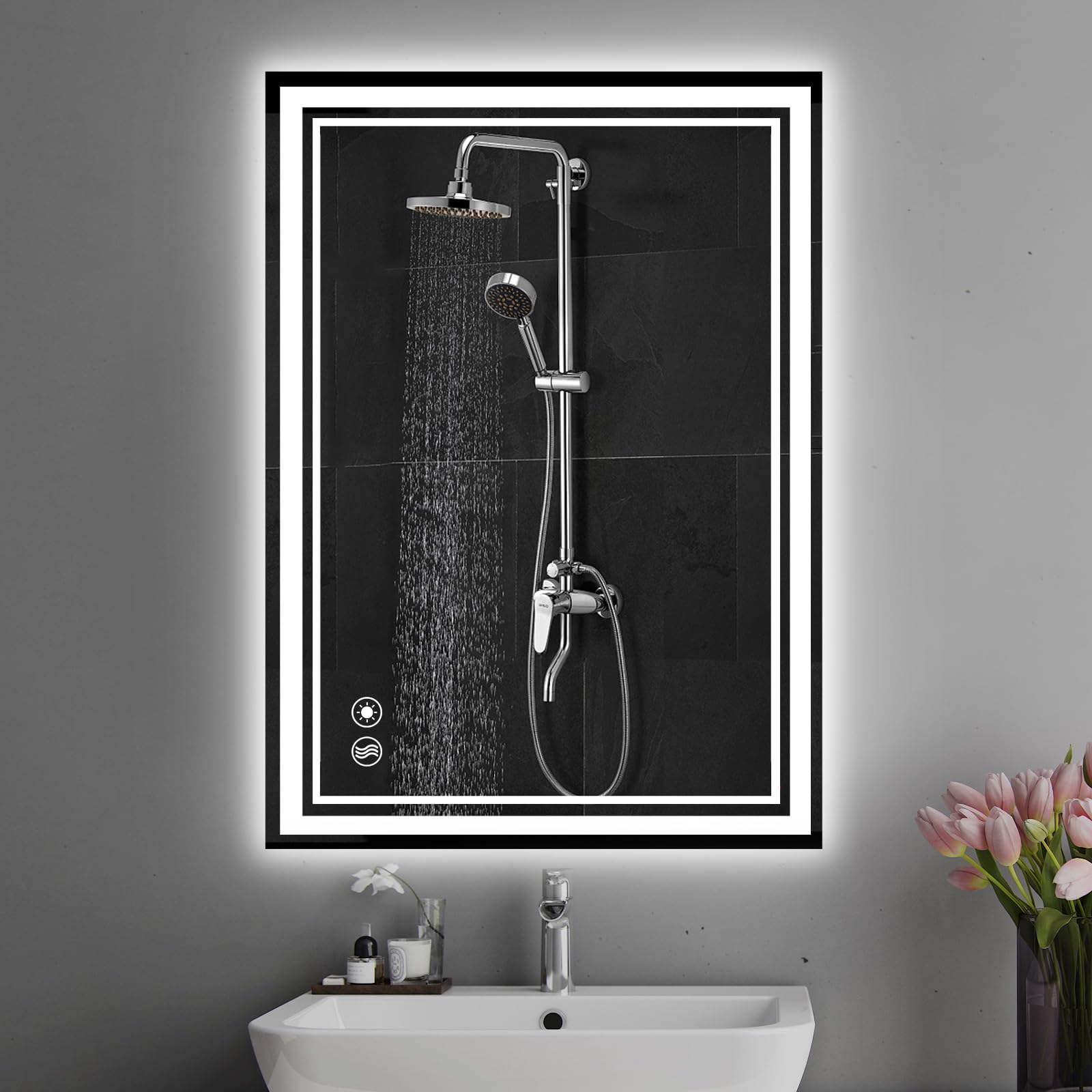 Espejo LED para baño de 61x91cm, Frontal y retroiluminado, antivaho, Regulable, 3 Colores, Espejo de baño LED con función de Memoria, Espejo Inteligente montado en la Pared