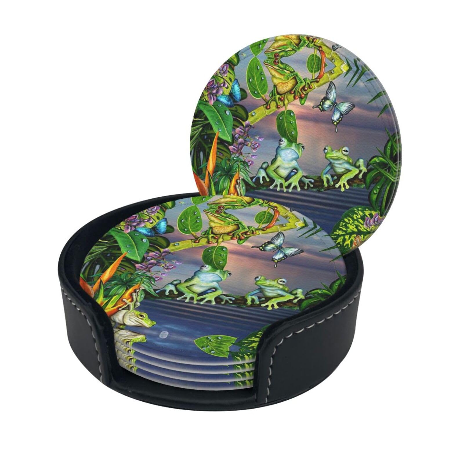 Many Frogs Sing On The Branches Print Round Leather Coasters - Set Of 6, Ultra-Fiber Pu Leather